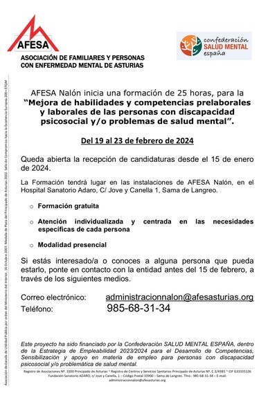 AFESA Nalón inicia una formación para la mejora de habilidades y competencias laborales de las personas con discapacidad psicosocial y/o problemas de salud mental 