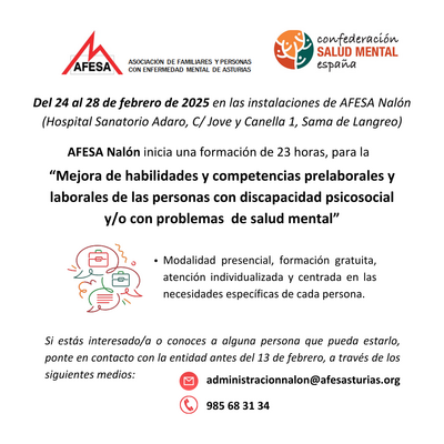 AFESA Nalón lanza una formación gratuita para mejorar las habilidades laborales de personas con discapacidad psicosocial y/o problemas de salud mental