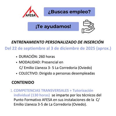 Nuevo curso presencial para personas desempleadas en Oviedo